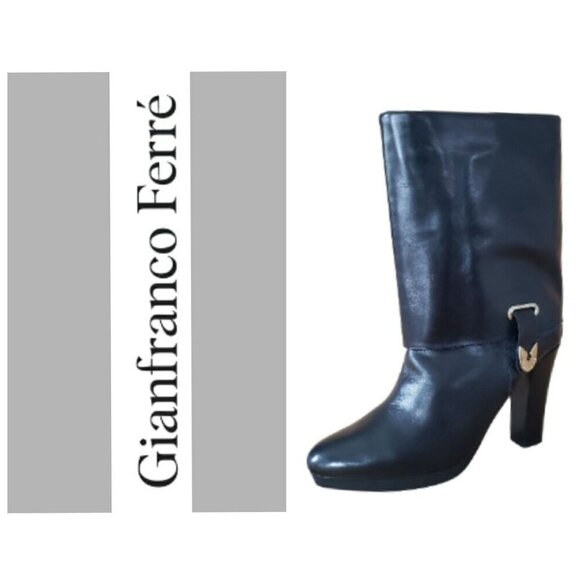 Gianfranco Ferré Black Leather High Heel Fur Lined Fold Over Moto Boots EU 37 - Picture 14 of 15